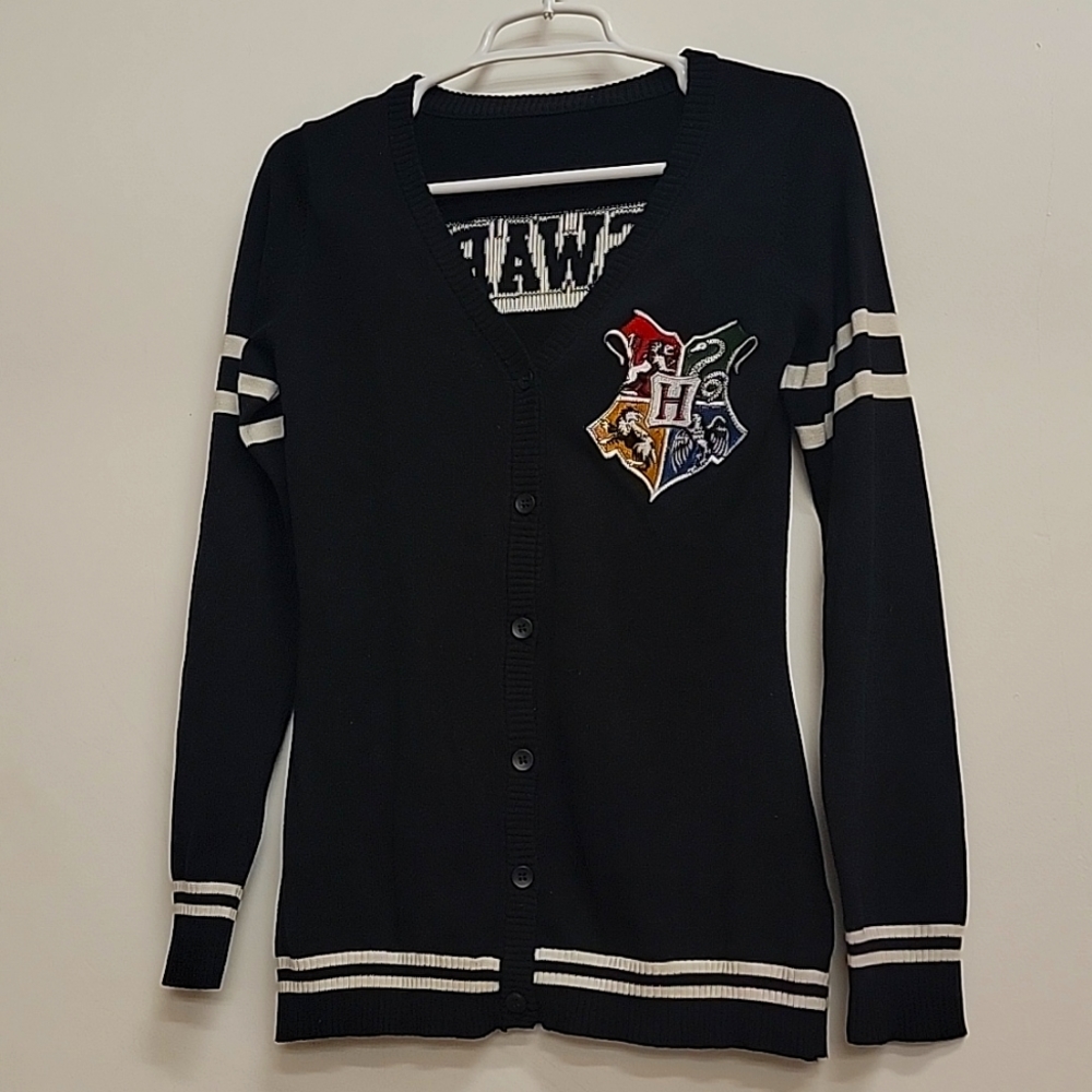 Hogwarts Varsity Cardigan Sweater S Black White Embroidered Crest